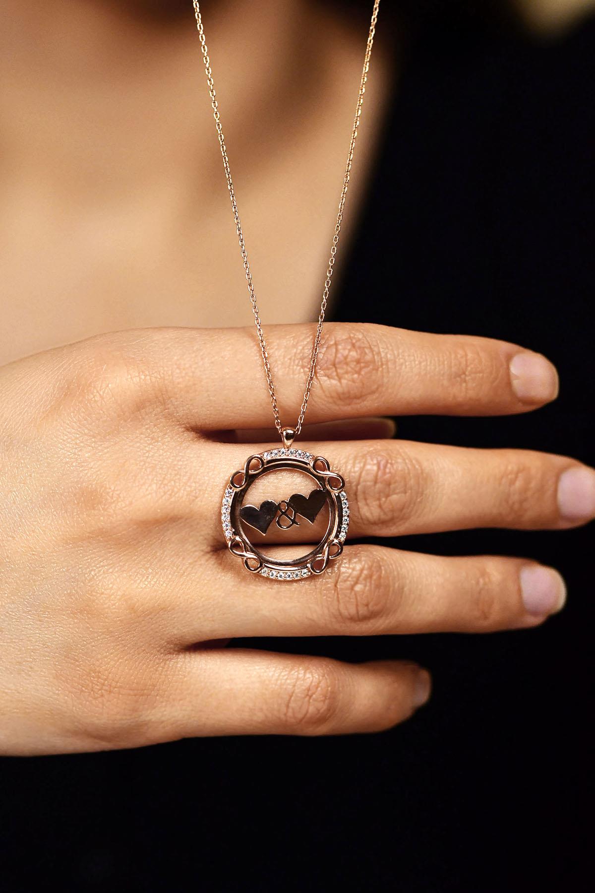CZ Infinity Frame Personalized Pair Heart Necklace Rose Gold Plated Silver
