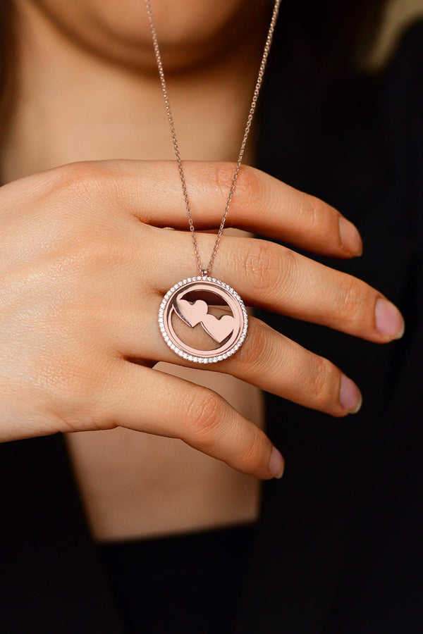 CZ Personalized Pair Heart Necklace Rose Gold Plated Silver