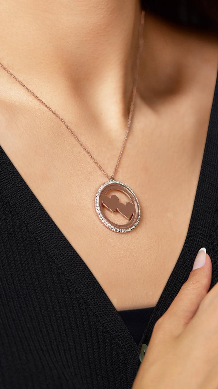 CZ Personalized Pair Heart Necklace Rose Gold Plated Silver