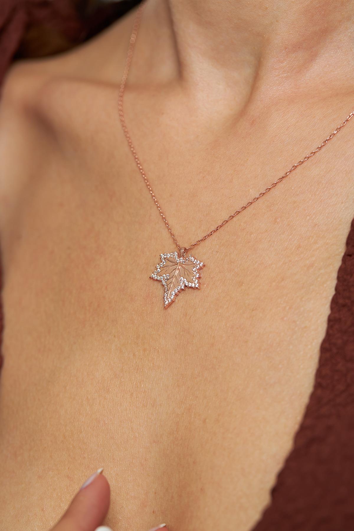 CZ Sycamore Leaf Necklace Rose Gold Plated Silver