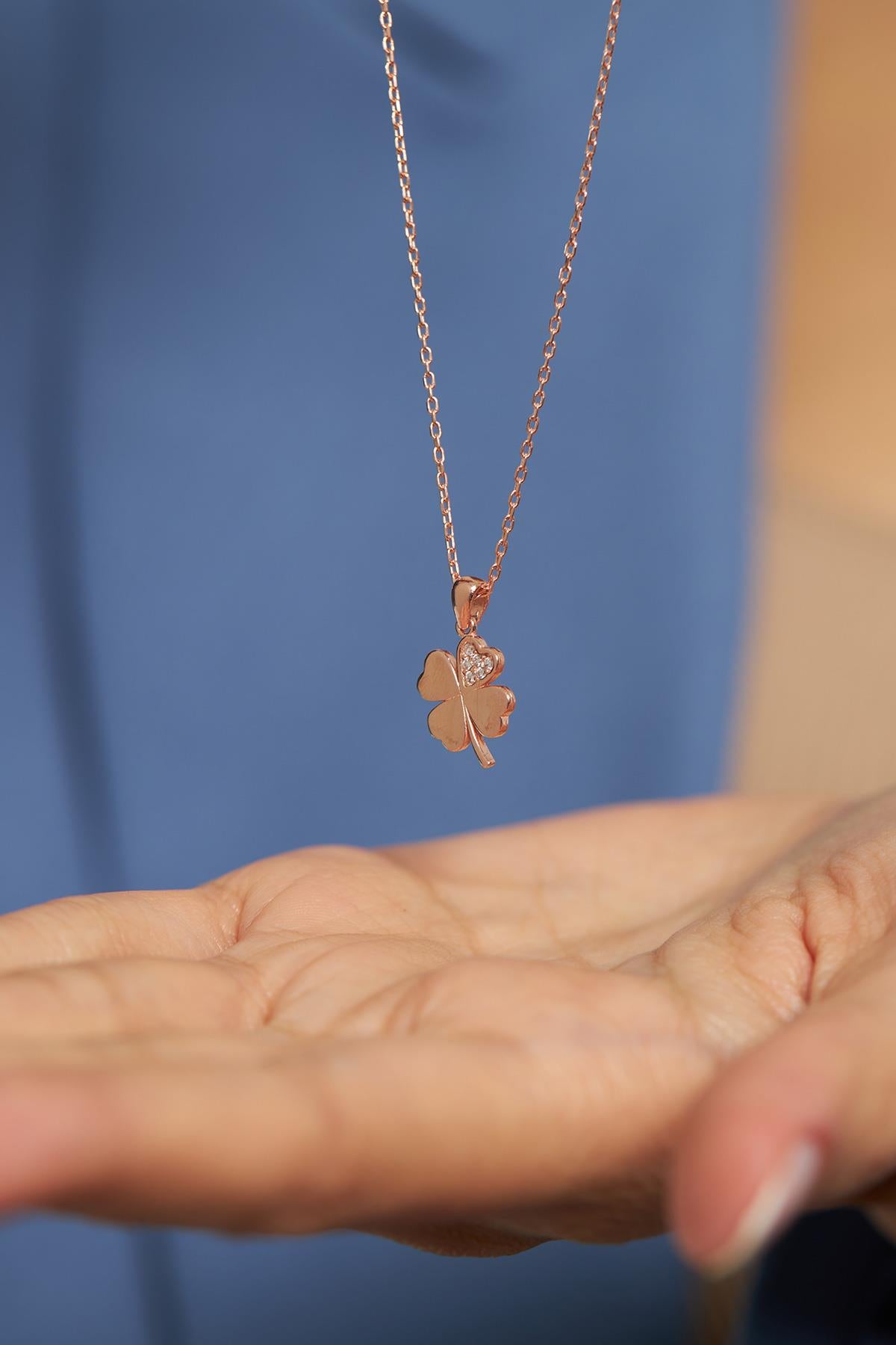 CZ Four Leaf Clover Necklace Rose Gold Plated Silver
