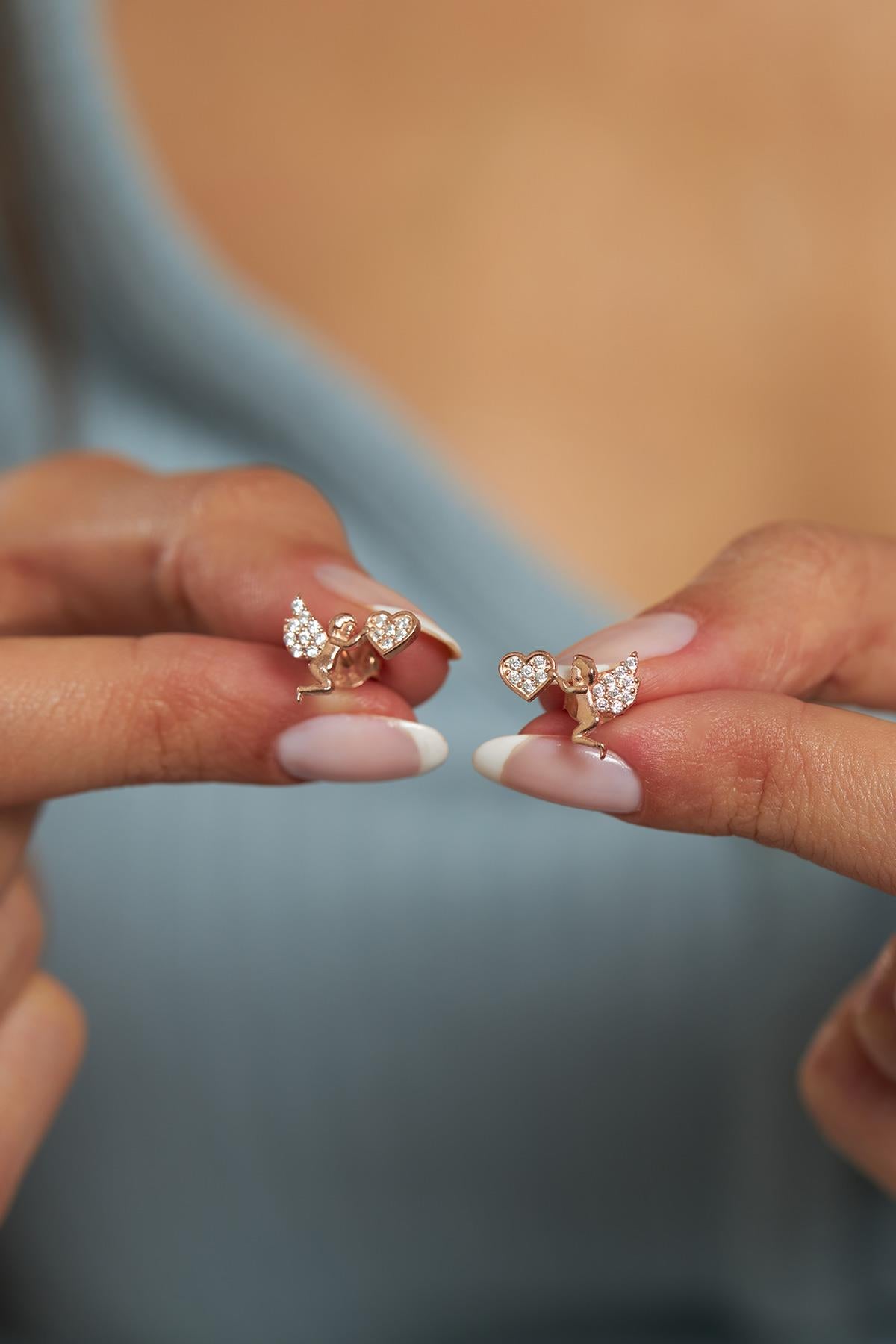 CZ Eros Love Angel Stud Earrings Rose Gold Plated Silver