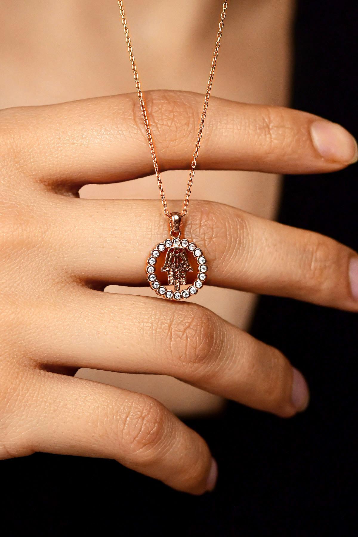 CZ Hamsa Hand Heritage Necklace Rose Gold Plated Silver