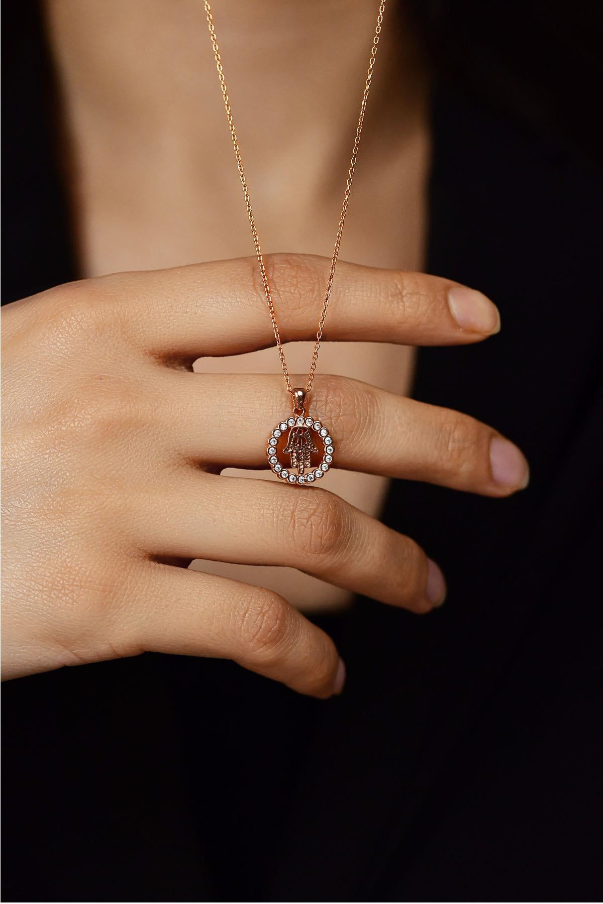CZ Hamsa Hand Heritage Necklace Rose Gold Plated Silver