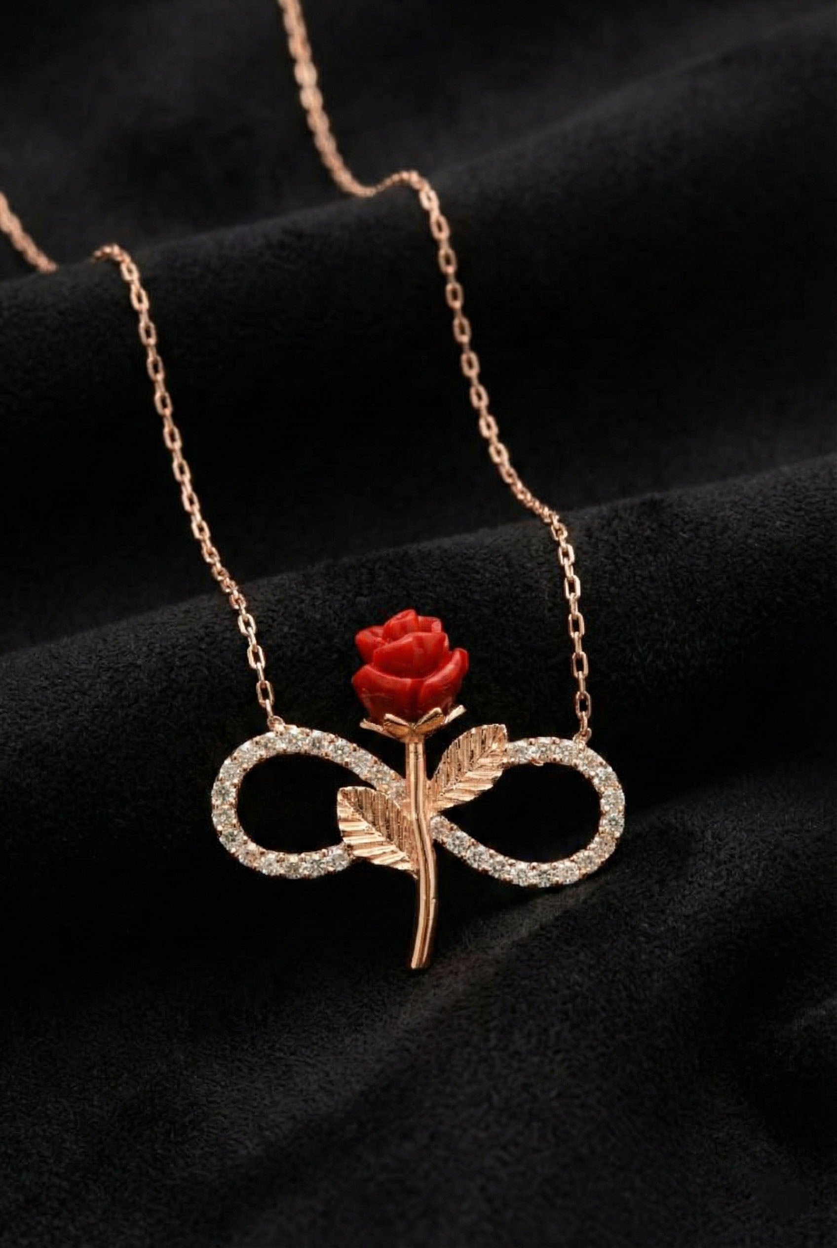 CZ Rose Motif Infinity Necklace Rose Gold Plated Silver