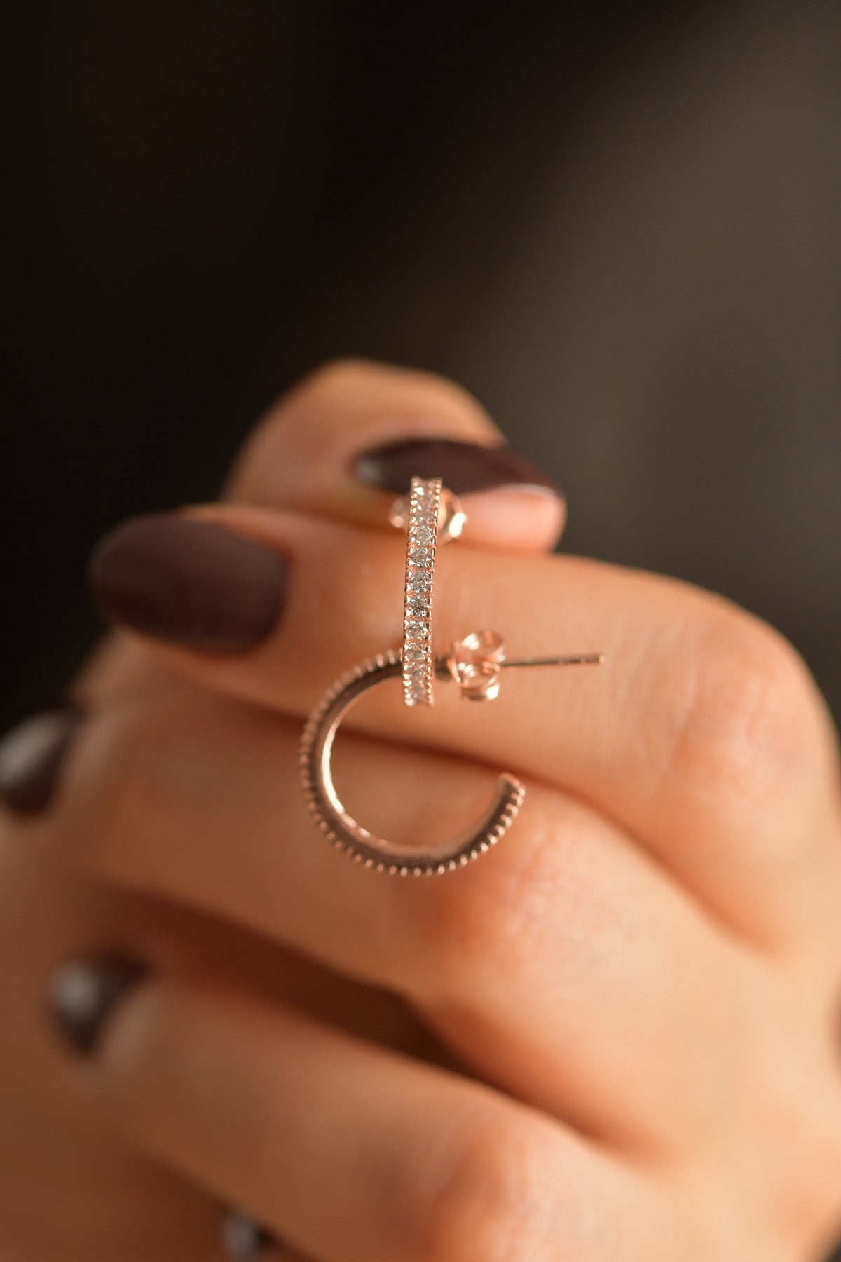Rose Gold Zircon Medium Hoop Stud Earrings in 925 sterling silver - view 2