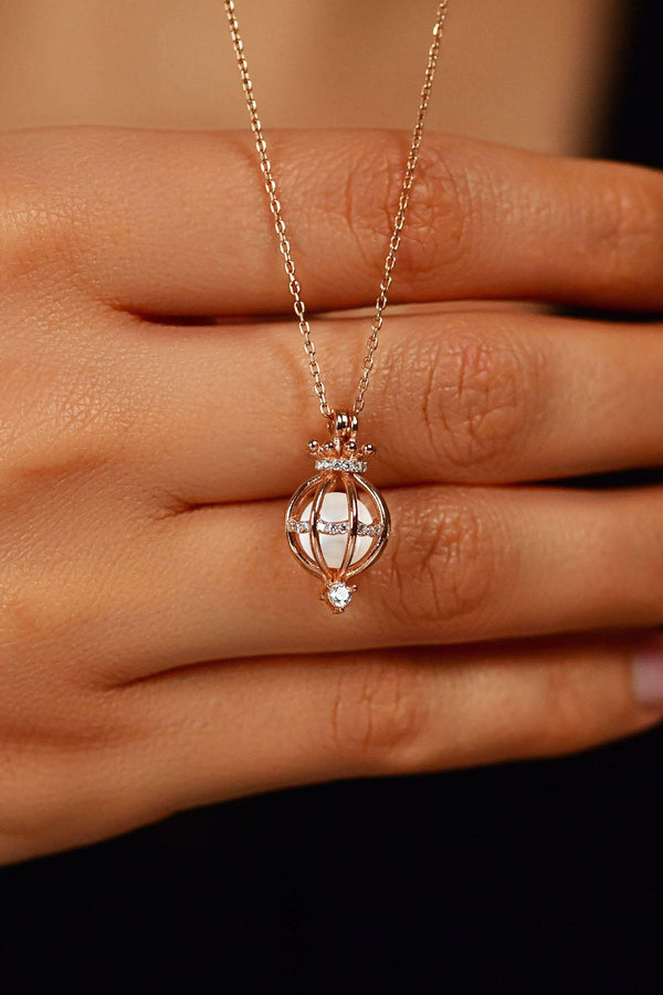 CZ Pearl Cage Necklace Rose Gold Plated Silver