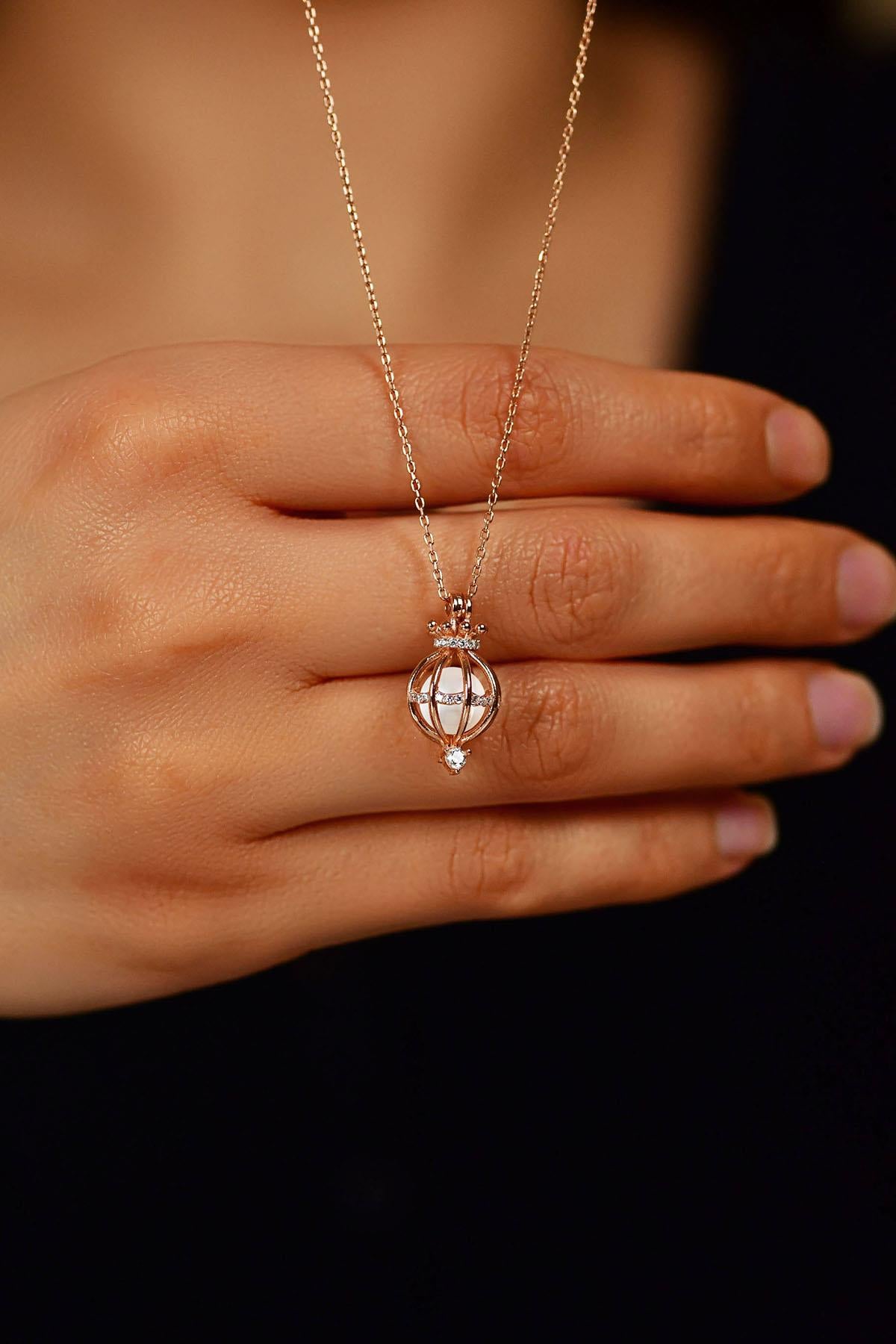 CZ Pearl Cage Necklace Rose Gold Plated Silver