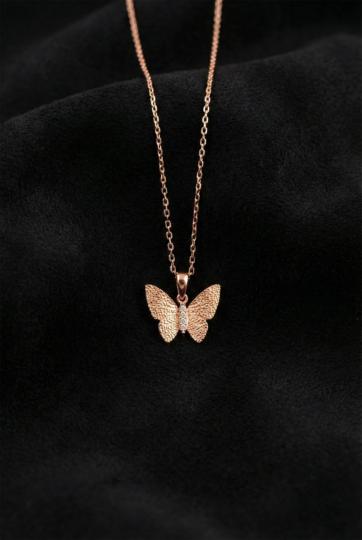 Rose Gold Textured Butterfly Necklace Zircon in 925 sterling silver