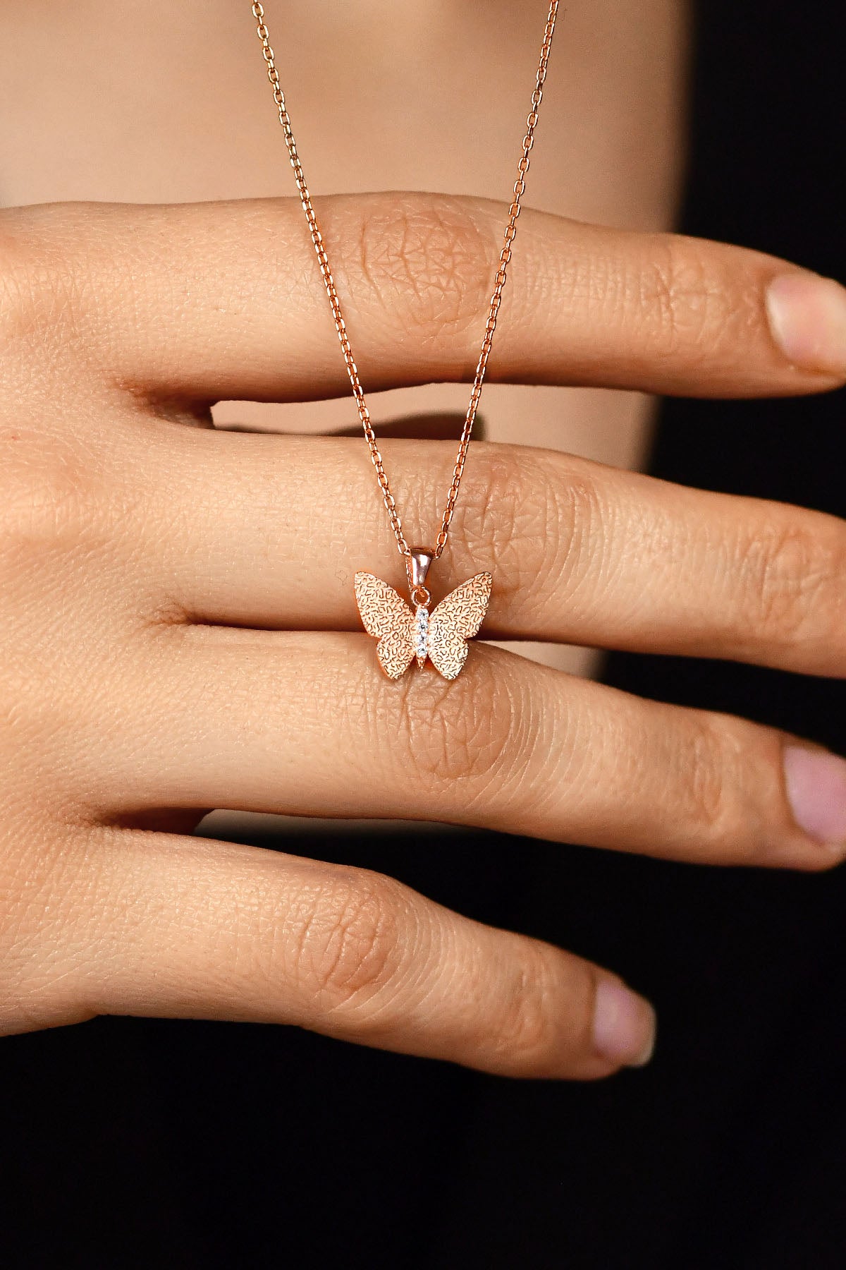 Rose Gold Textured Butterfly Necklace Zircon in 925 sterling silver - view 2