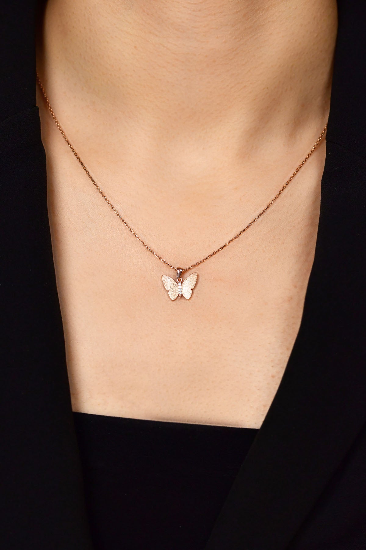 Rose Gold Textured Butterfly Necklace Zircon in 925 sterling silver - view 4