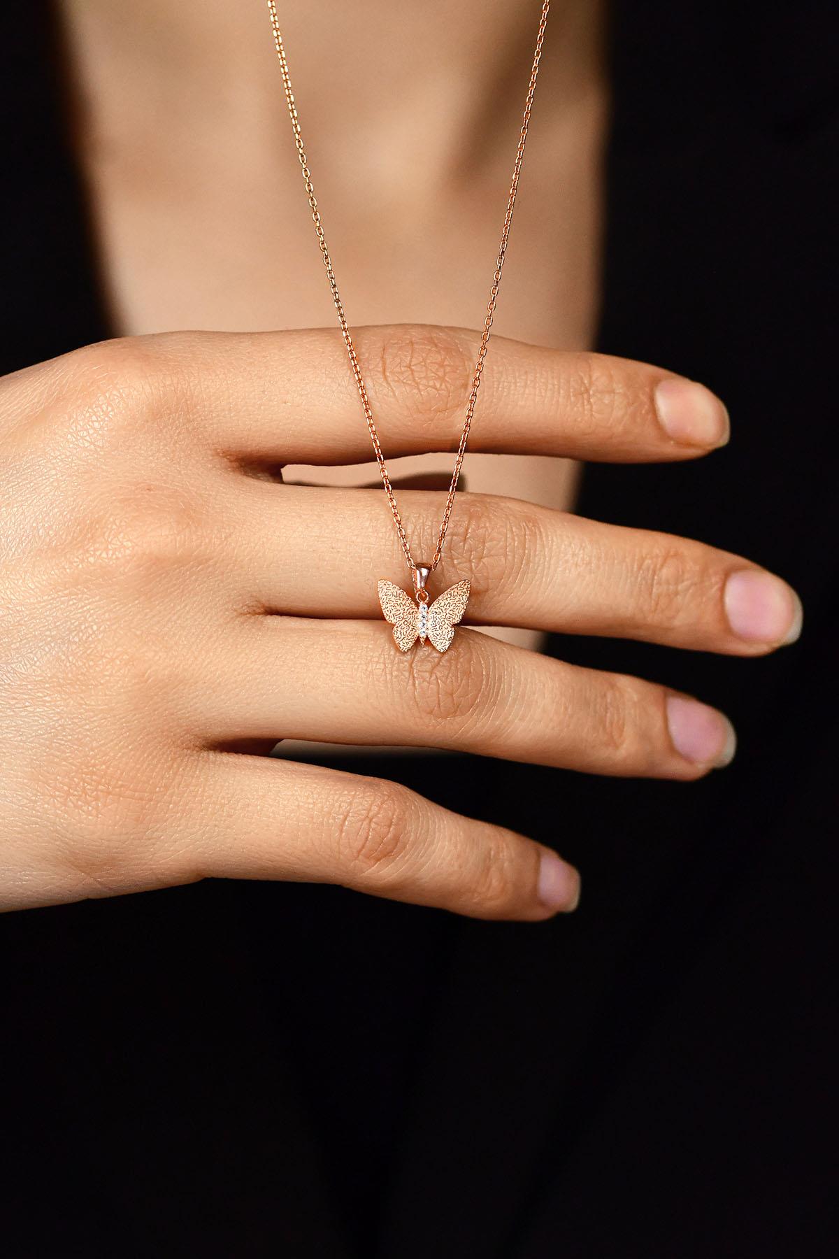 CZ Embossed Butterfly Necklace Rose Gold Plated Silver