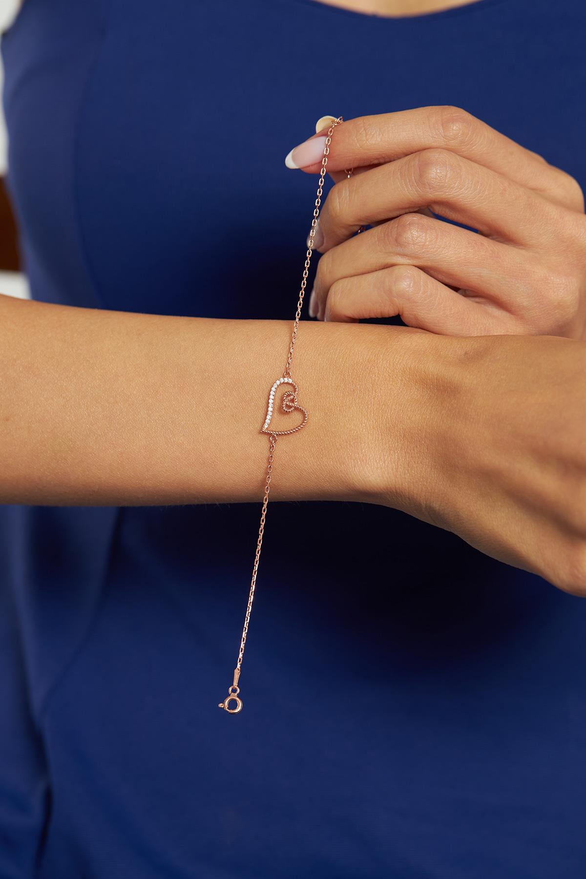 CZ Heart Bracelet Rose Gold Plated Silver