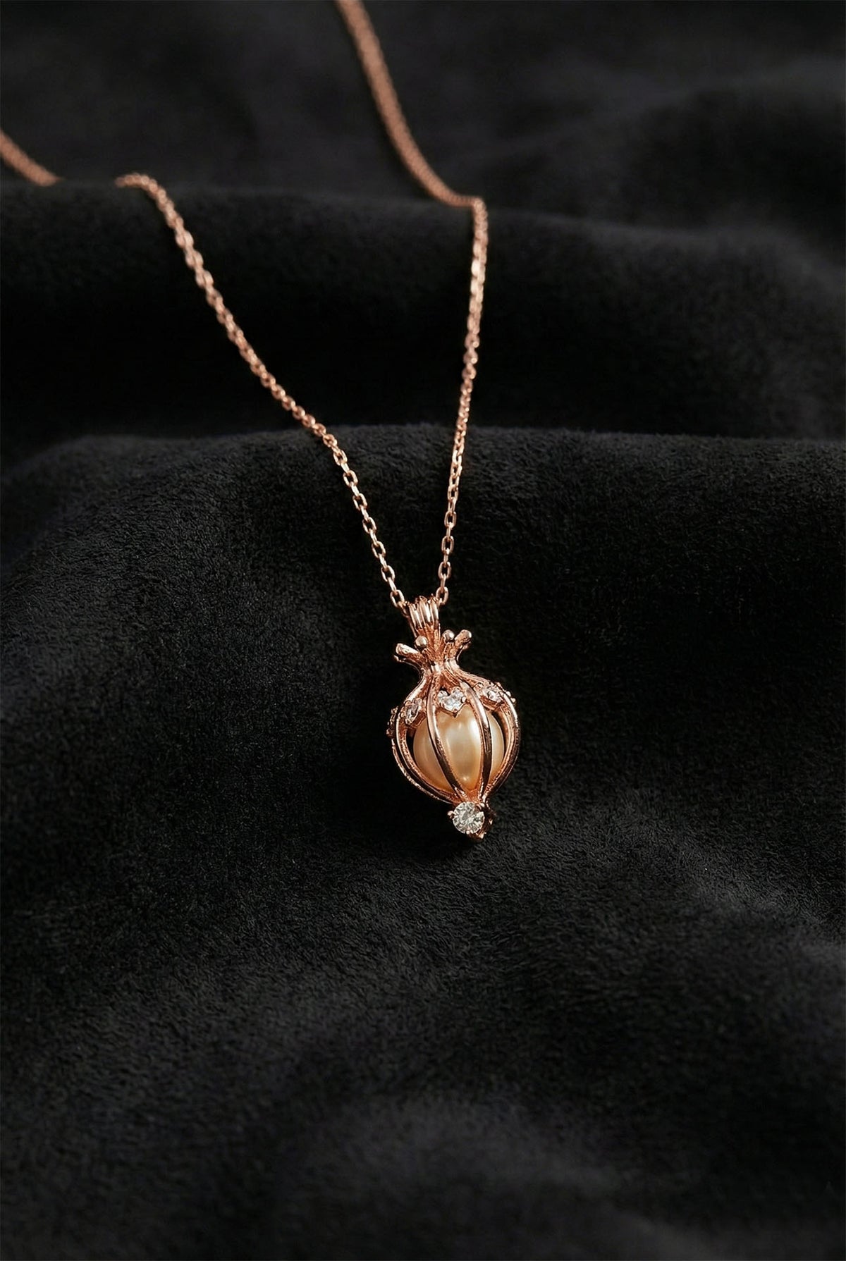 Rose Gold Pearl Cage Heart Pendant Necklace in 925 sterling silver