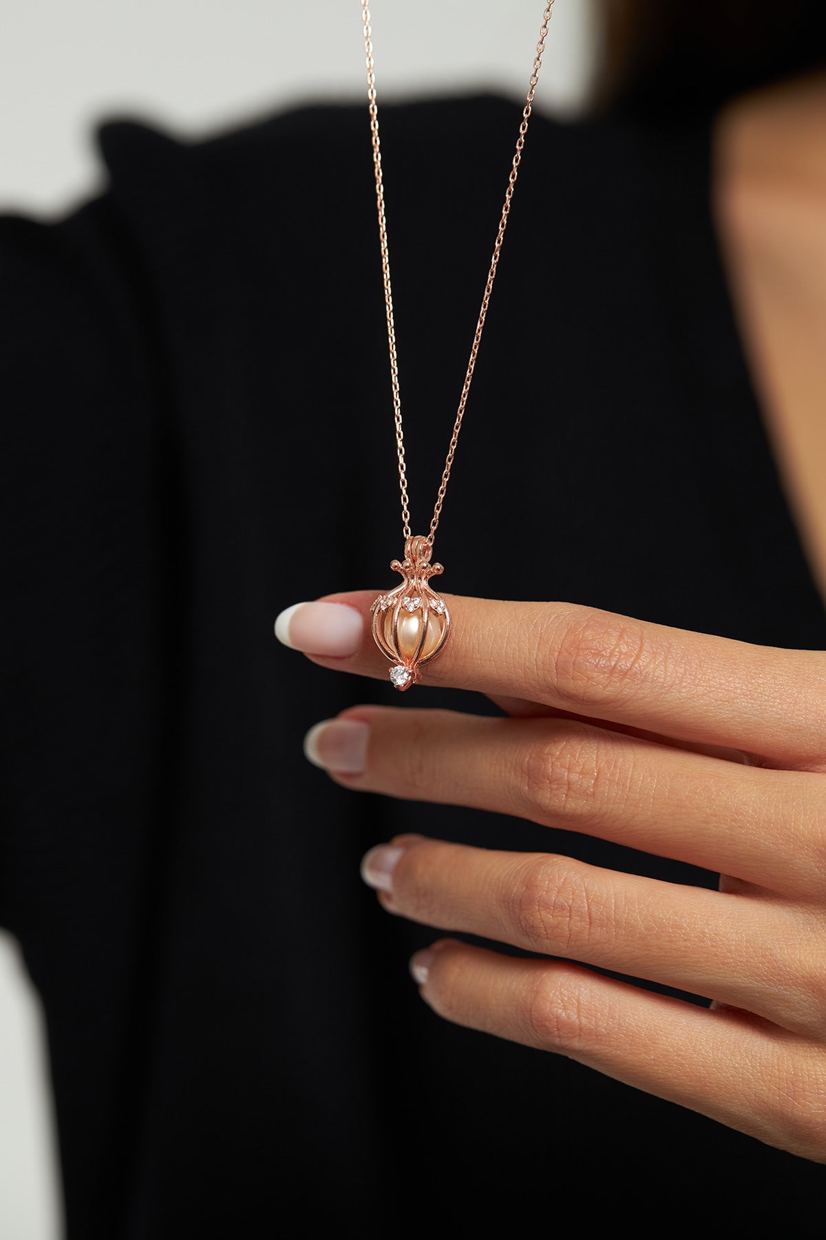 Rose Gold Pearl Cage Heart Pendant Necklace in 925 sterling silver - view 2