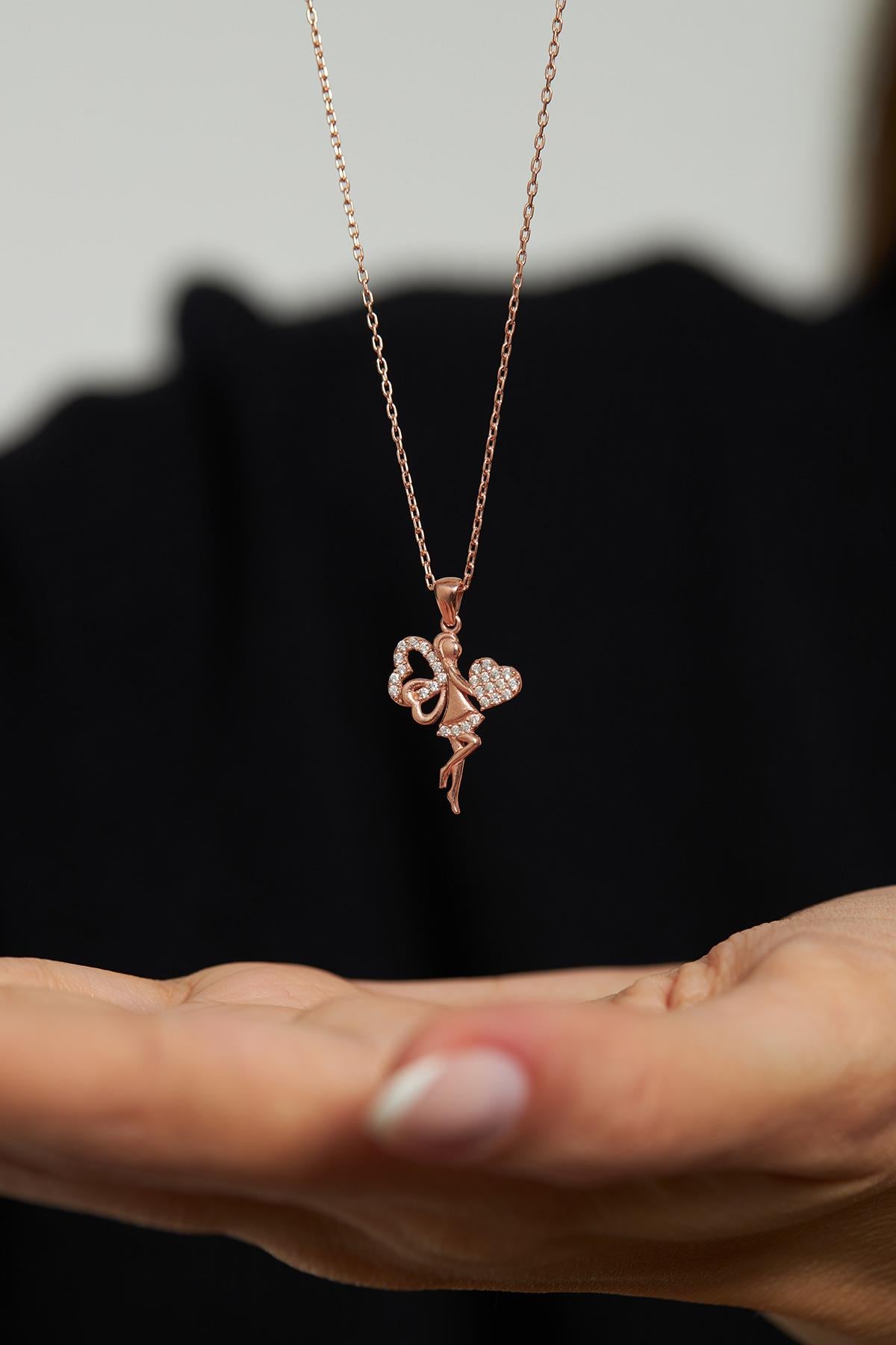 CZ Heart Love Fairy Necklace Rose Gold Plated Silver