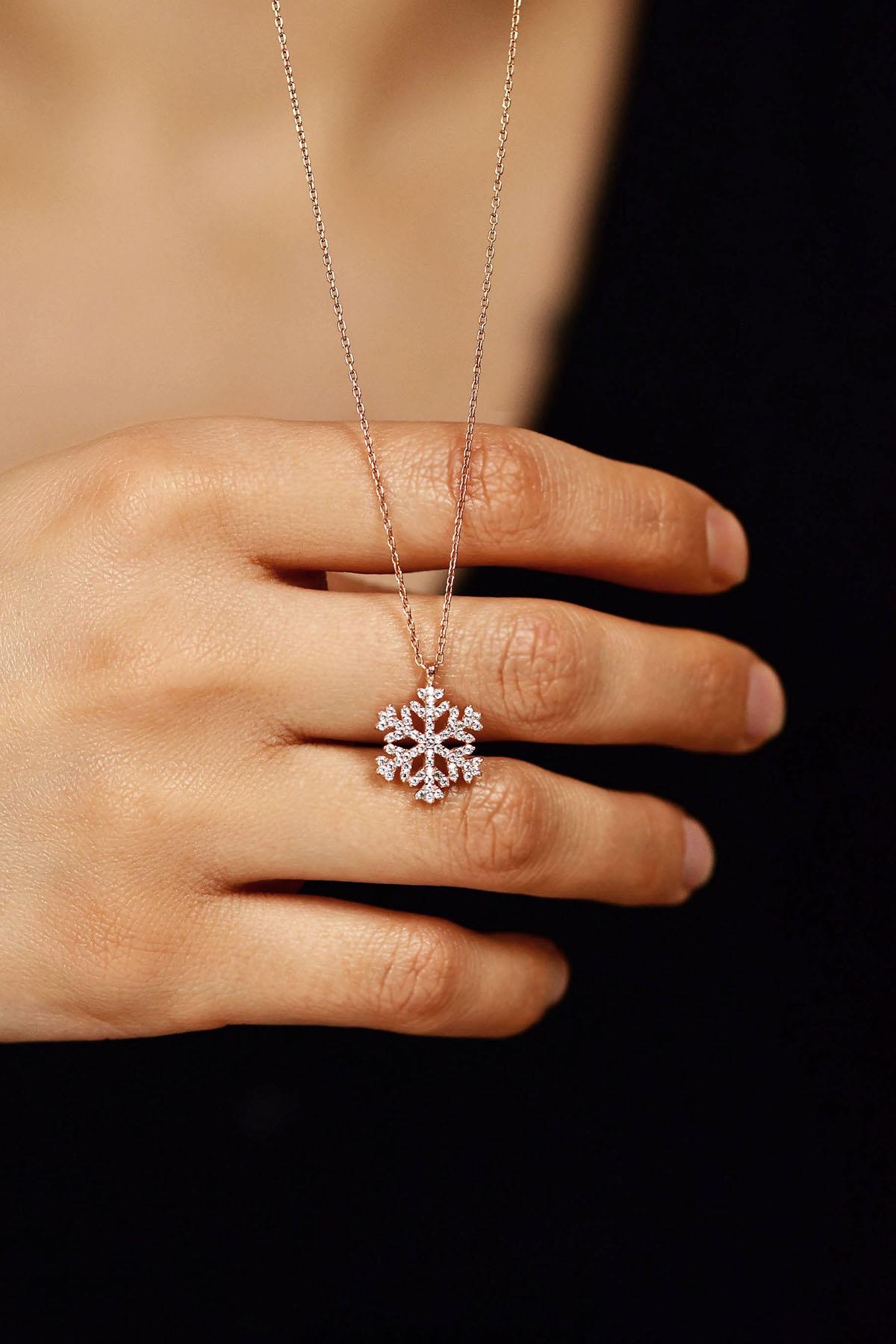 CZ Lace Snowflake Necklace Rose Gold Plated Silver
