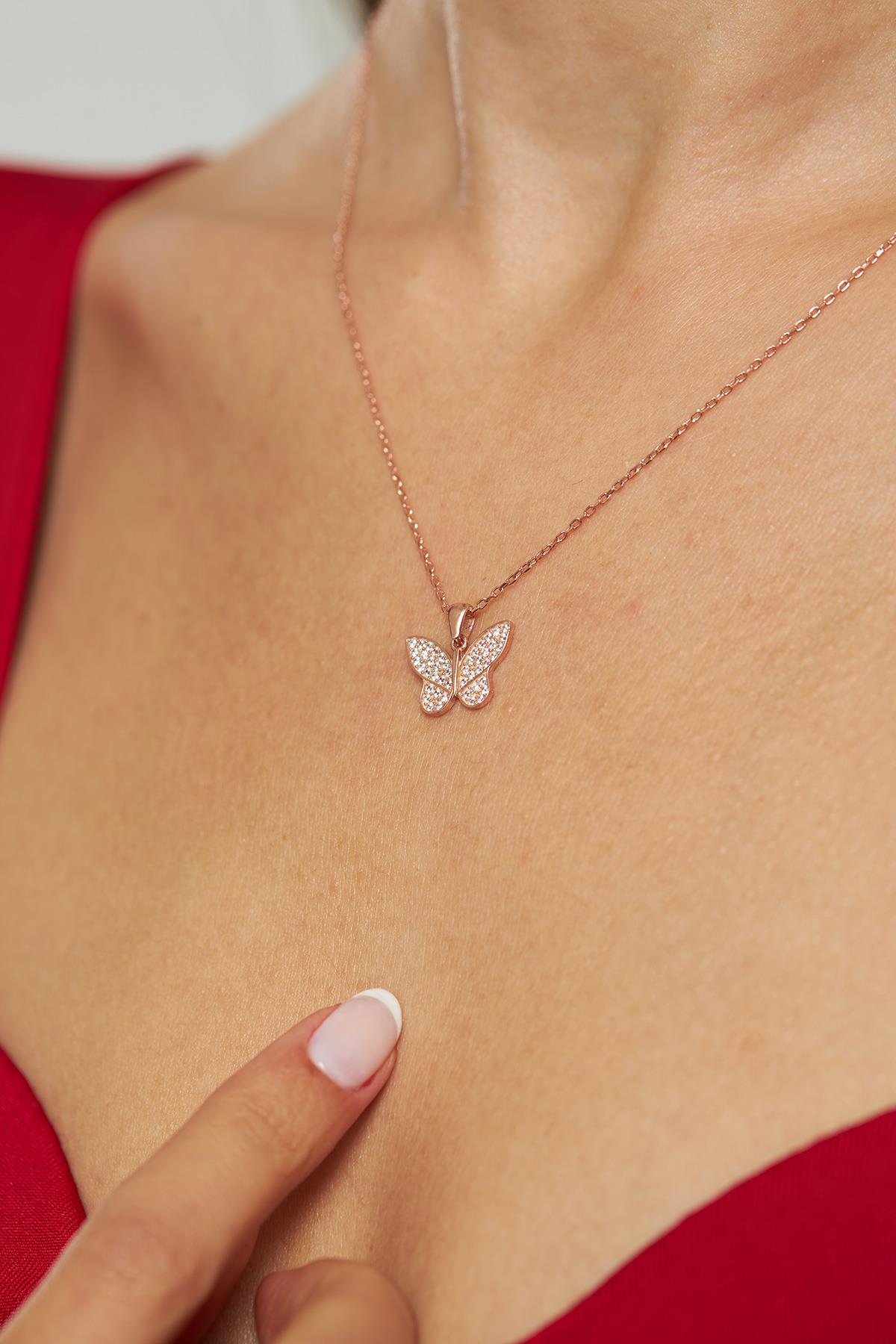 CZ Butterfly Necklace Rose Gold Plated Silver