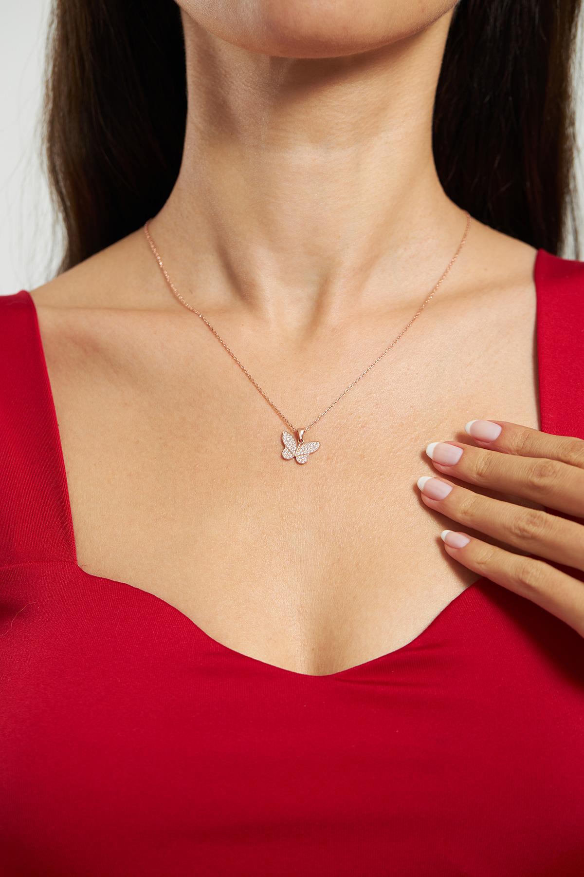 CZ Butterfly Necklace Rose Gold Plated Silver