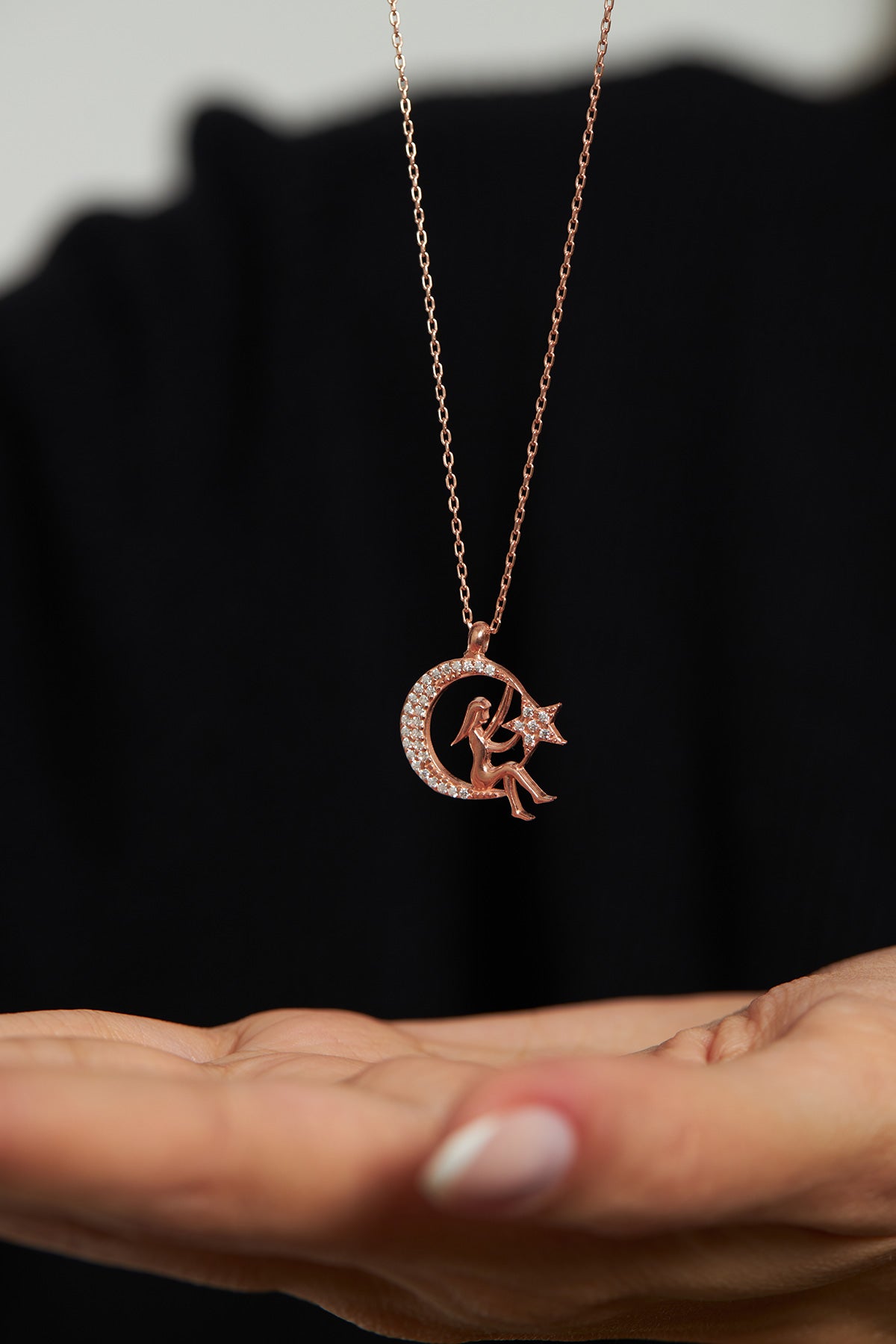 Rose Gold Zircon Moon & Star Girl Necklace | 925 Silver