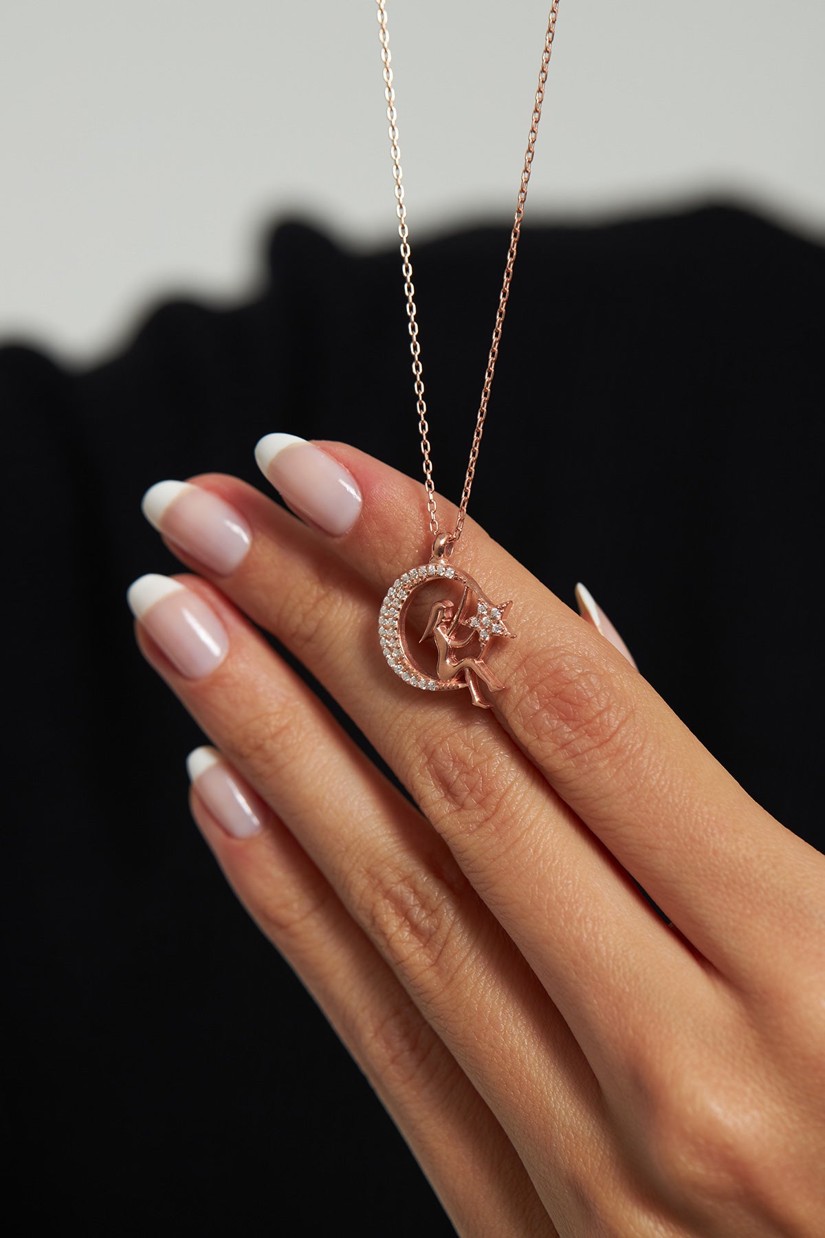 Rose Gold Zircon Moon & Star Girl Necklace in 925 sterling silver - view 3