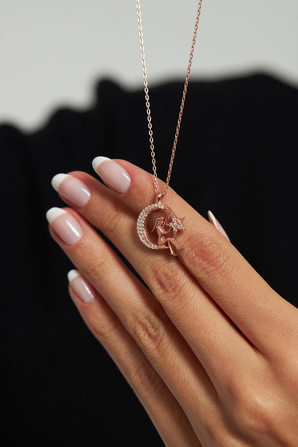 CZ Girl's Charm Moon Star Necklace Rose Gold Plated Silver