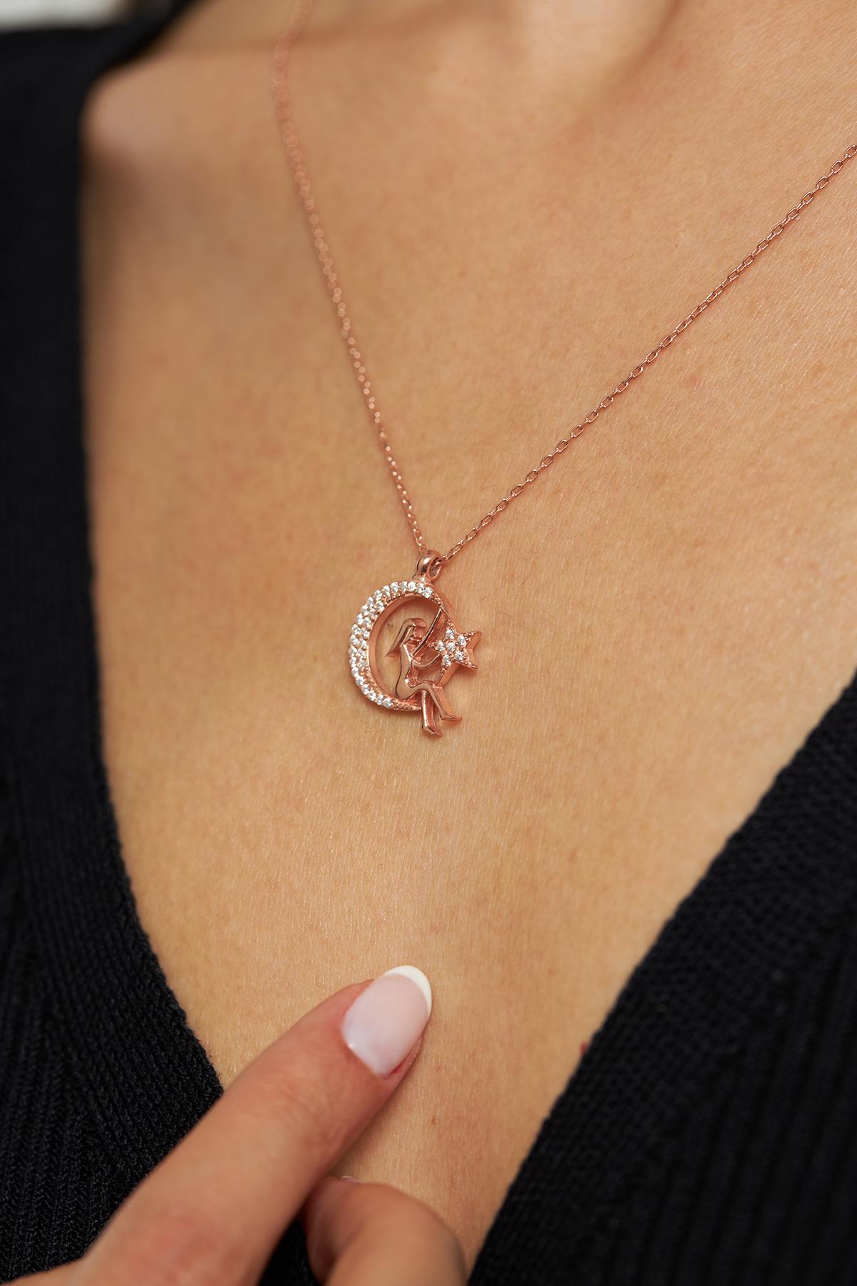 CZ Girl's Charm Moon Star Necklace Rose Gold Plated Silver