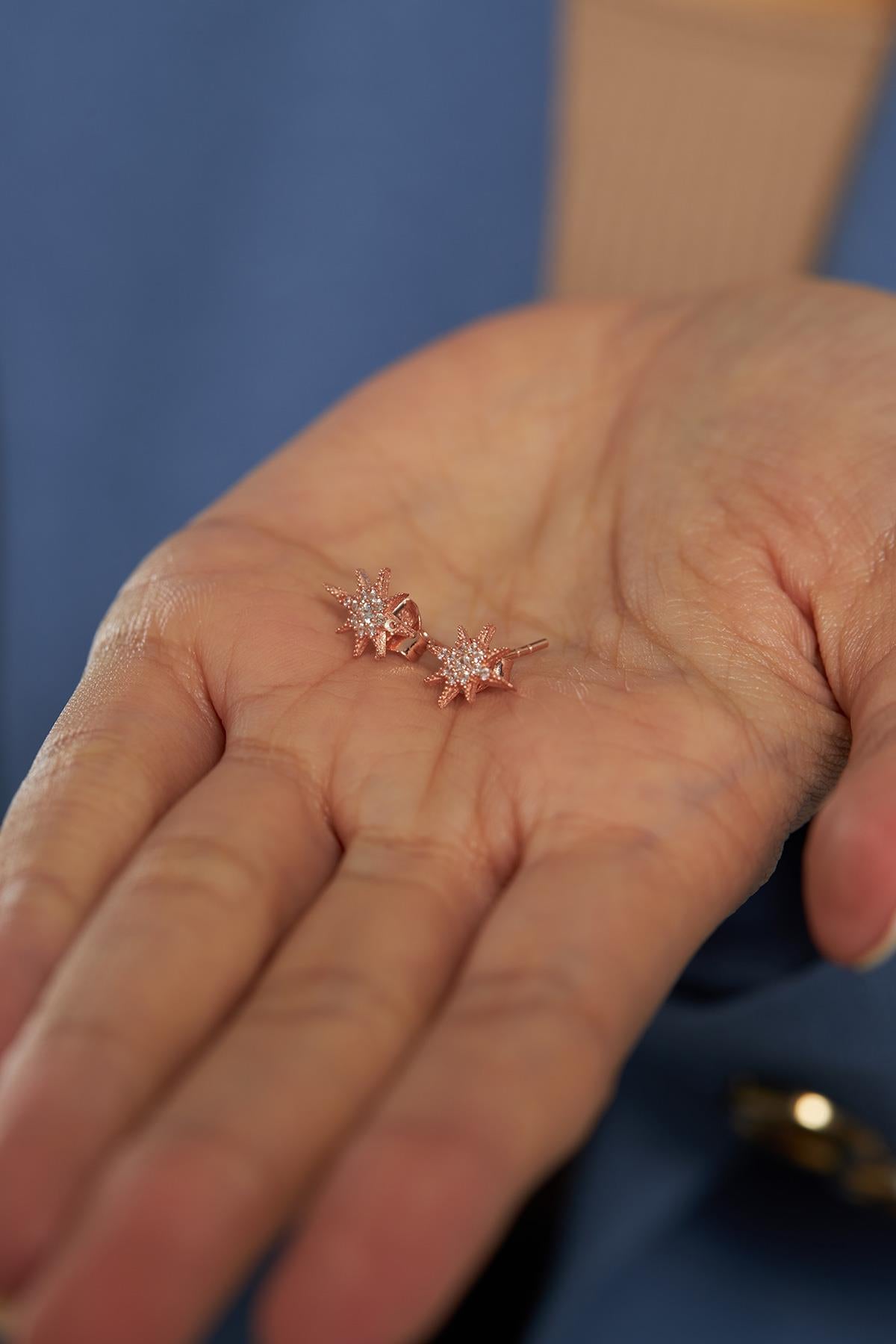CZ North Star Stud Earrings Rose Gold Plated Silver