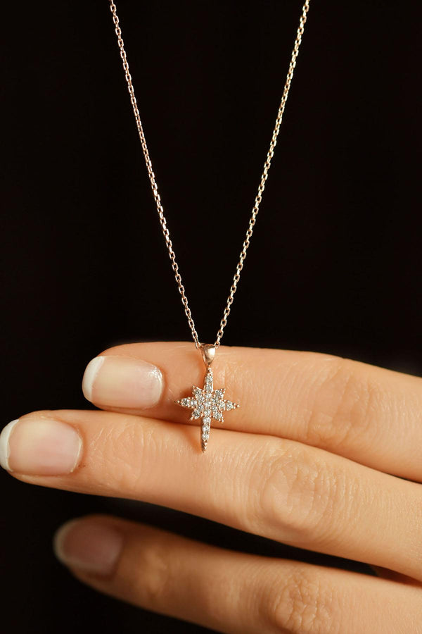 Rose North Star Minimal Silver Necklace with Zircon Stone