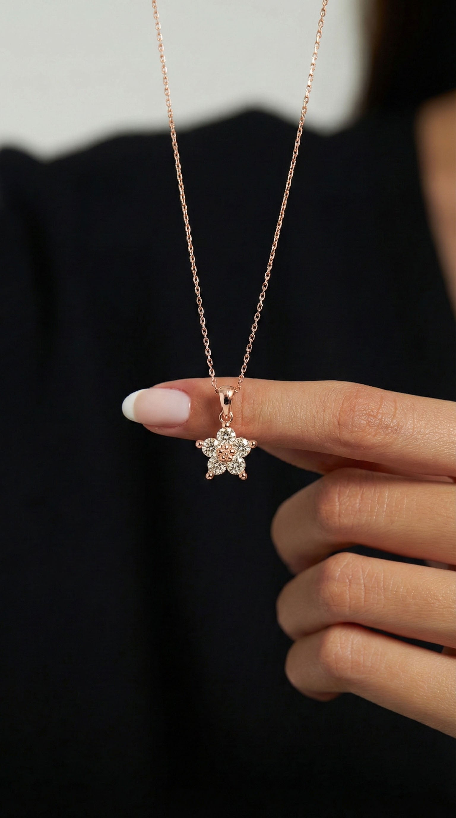 CZ Magnolia Flower Necklace Rose Gold Plated Silver
