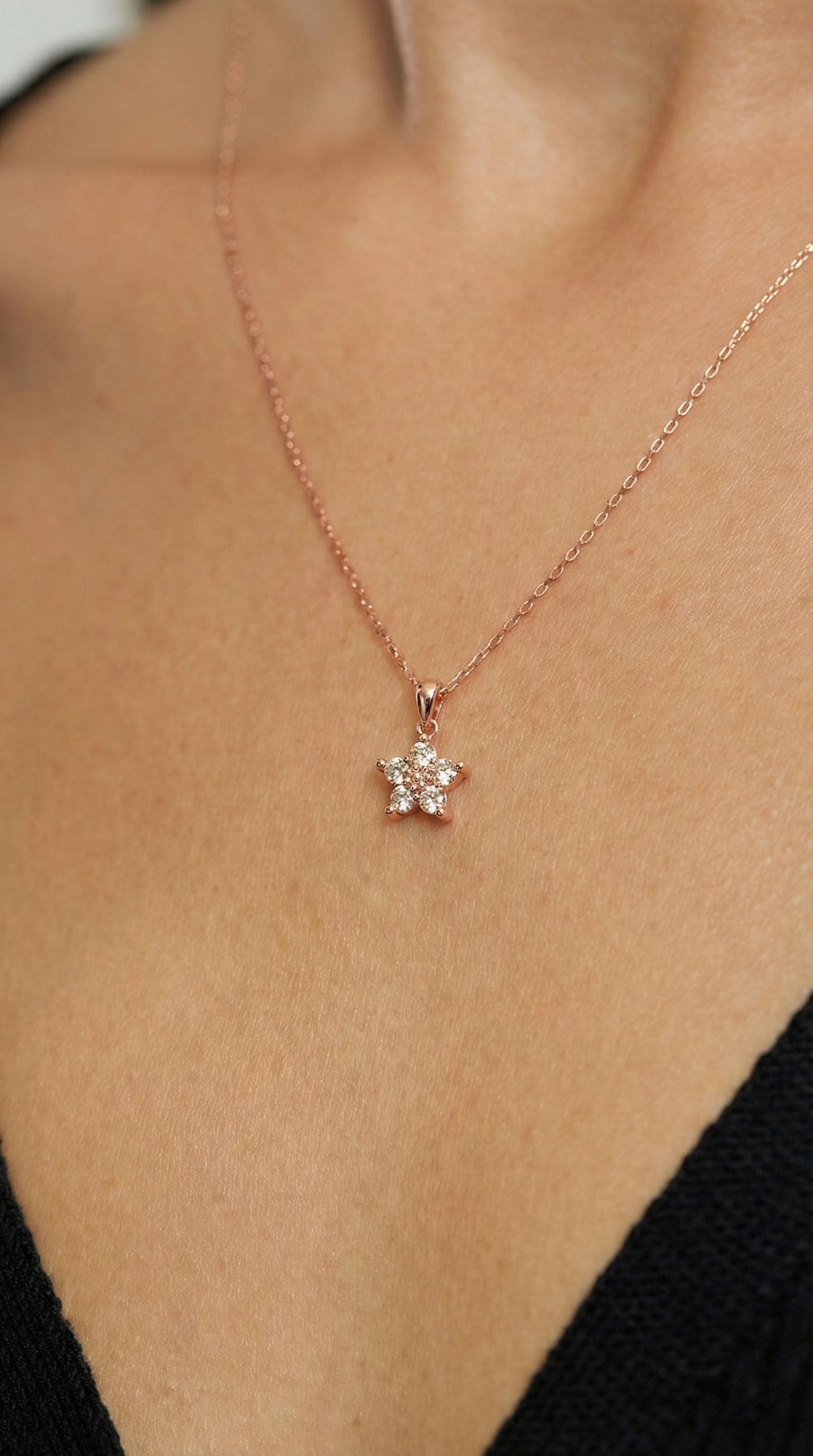 CZ Magnolia Flower Necklace Rose Gold Plated Silver