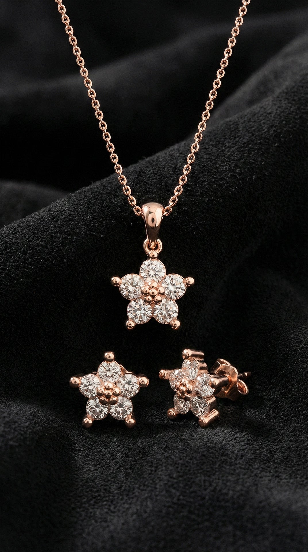 Rose Gold Zircon Magnolia Necklace Earrings Set in 925 sterling silver