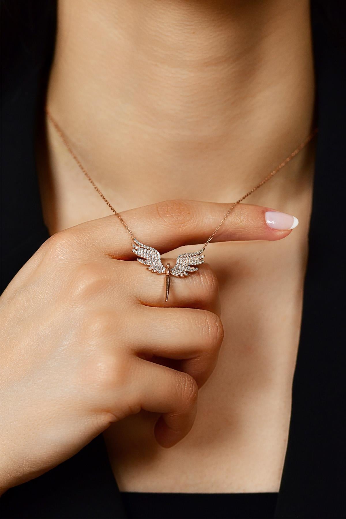 CZ Archangel Michael Wing Necklace Rose Gold Plated Silver