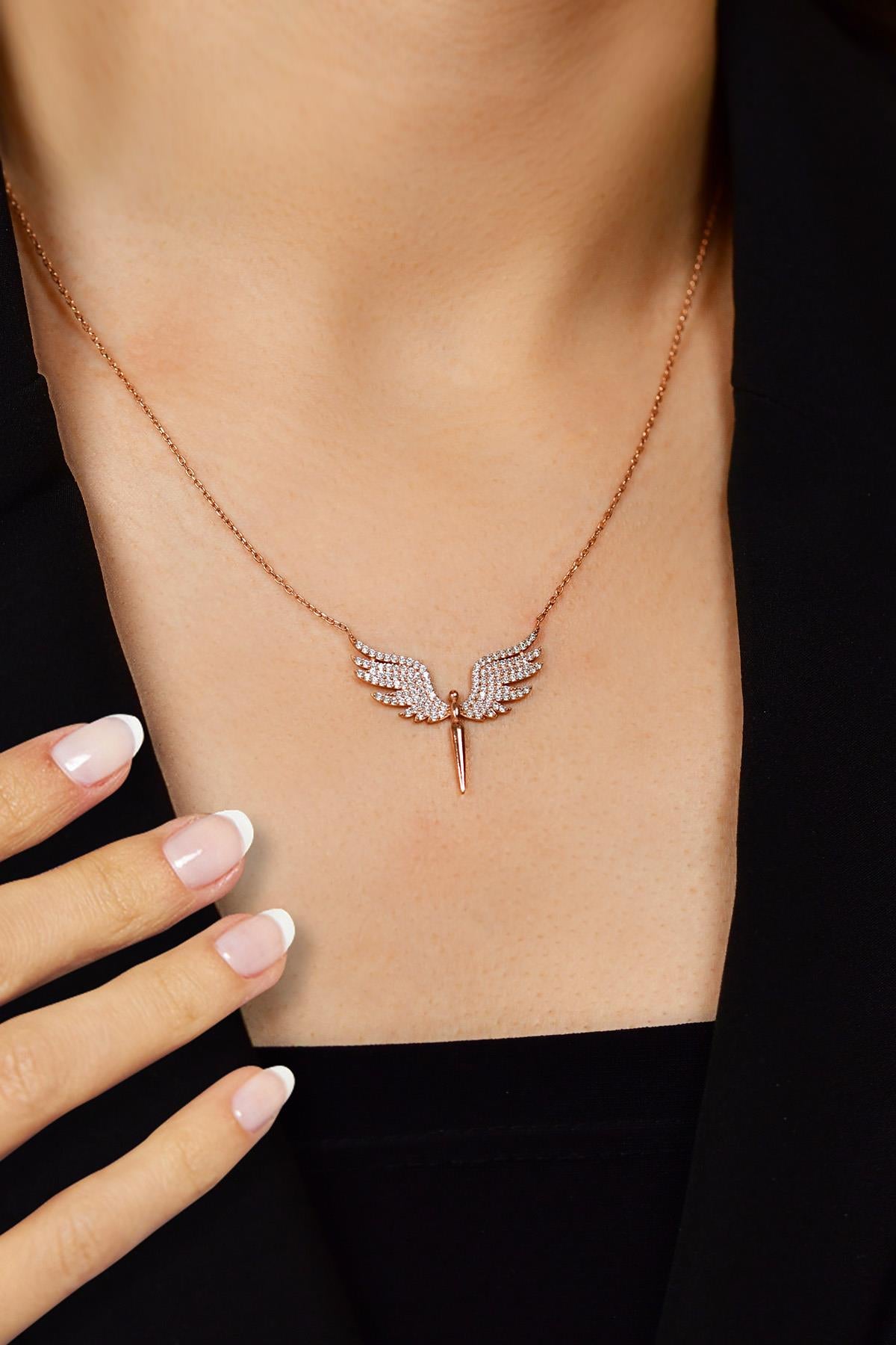 CZ Archangel Michael Wing Necklace Rose Gold Plated Silver