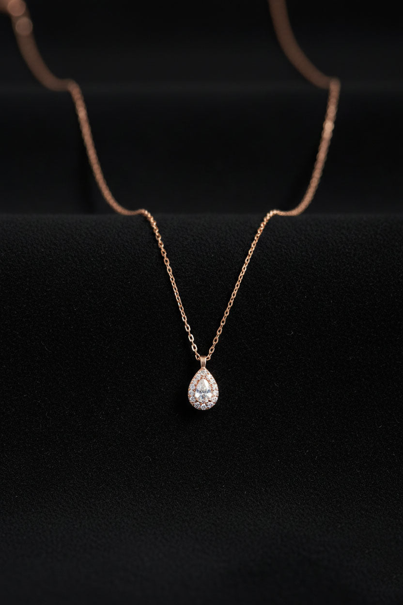 Roségold birnenförmige Halo-Zirkonia-Halskette mit Anhänger aus 925er Sterlingsilber