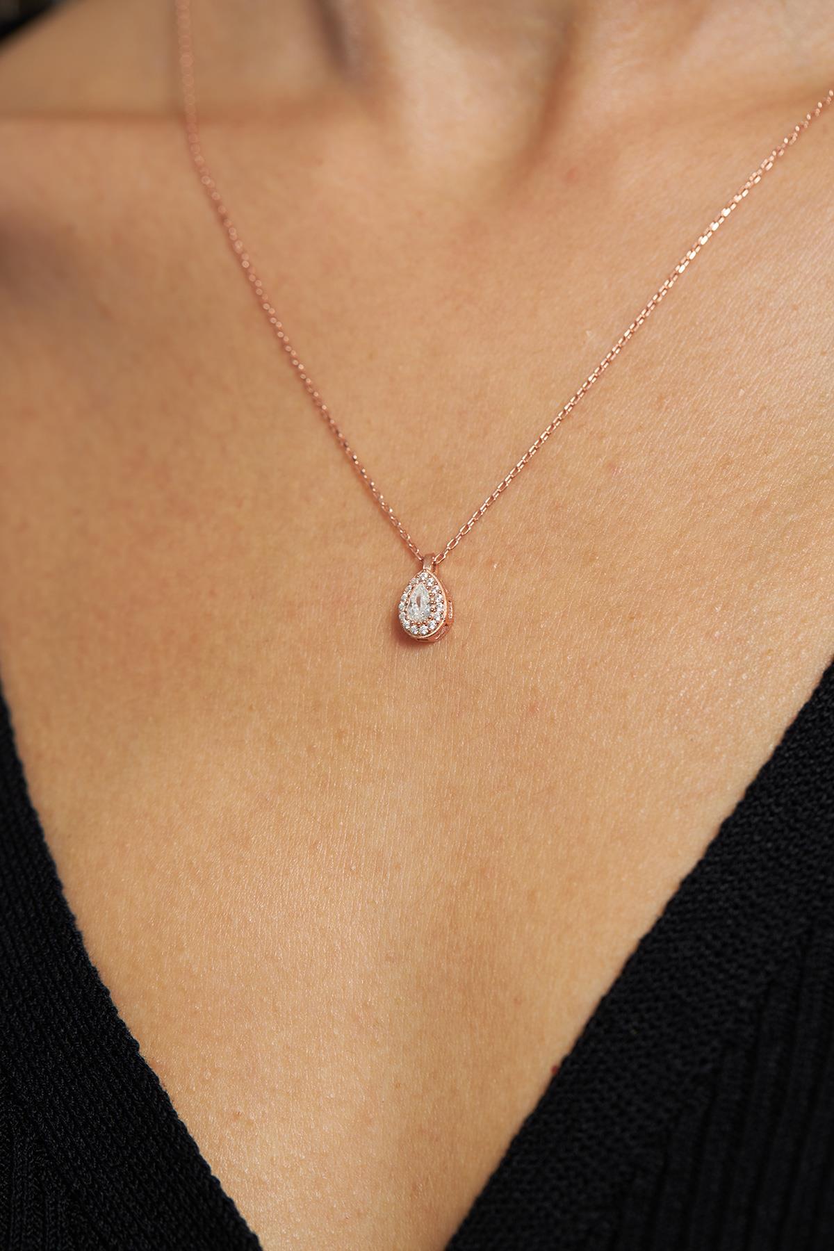 CZ Minimalist Drop Halo Necklace Rose Gold Plated Silver