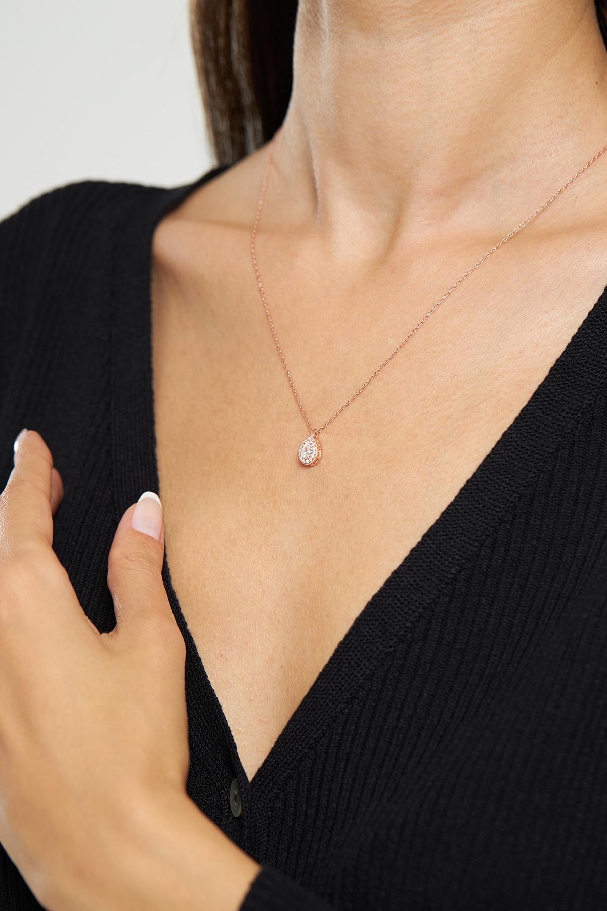 CZ Minimalist Drop Halo Necklace Rose Gold Plated Silver