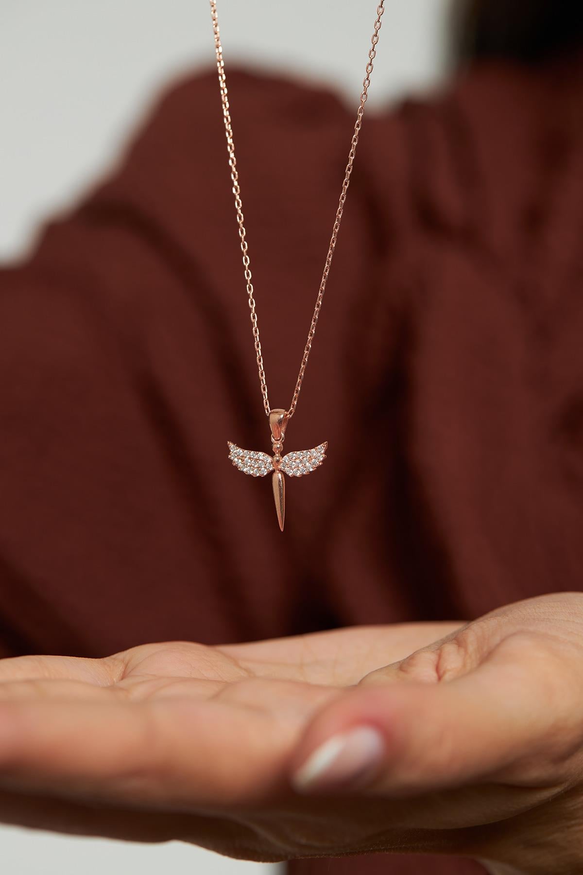 Zirkon Taşlı Rose Minimal Mikail Kanadı Gümüş Kolye