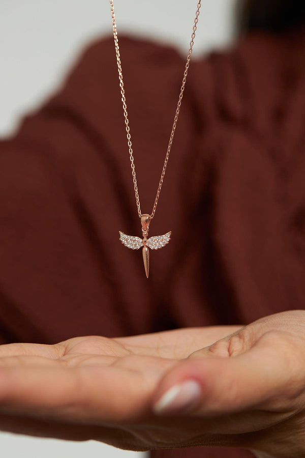 Zirkon Taşlı Rose Minimal Mikail Kanadı Gümüş Kolye