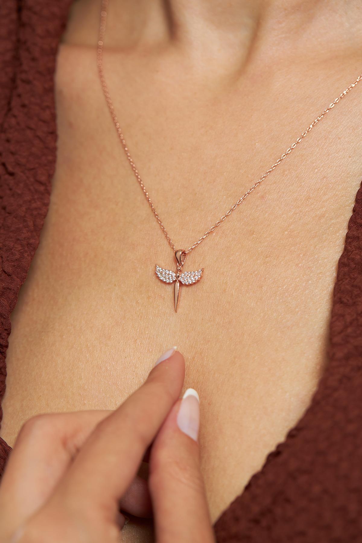 CZ Minimalist Archangel Michael Wing Necklace Rose Gold Plated Silver