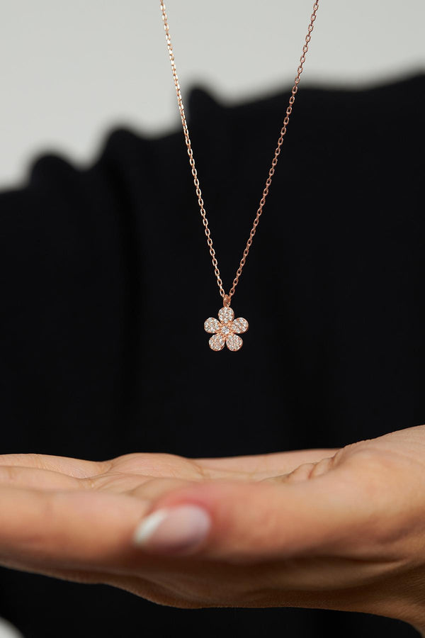 Zirkon Taşlı Rose Minimal Papatya Gümüş Kolye