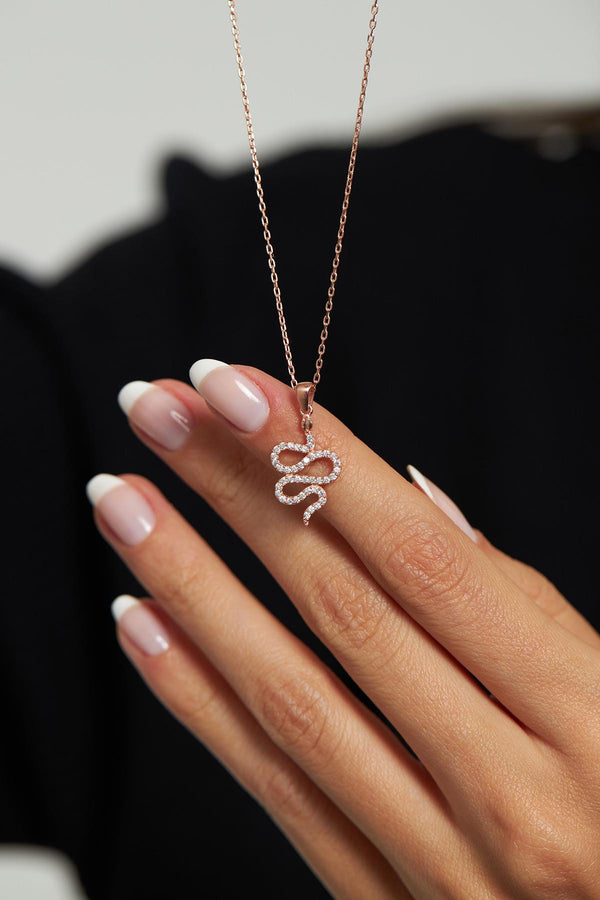 Zirkon Taşlı Rose Minimal Yılan Gümüş Kolye