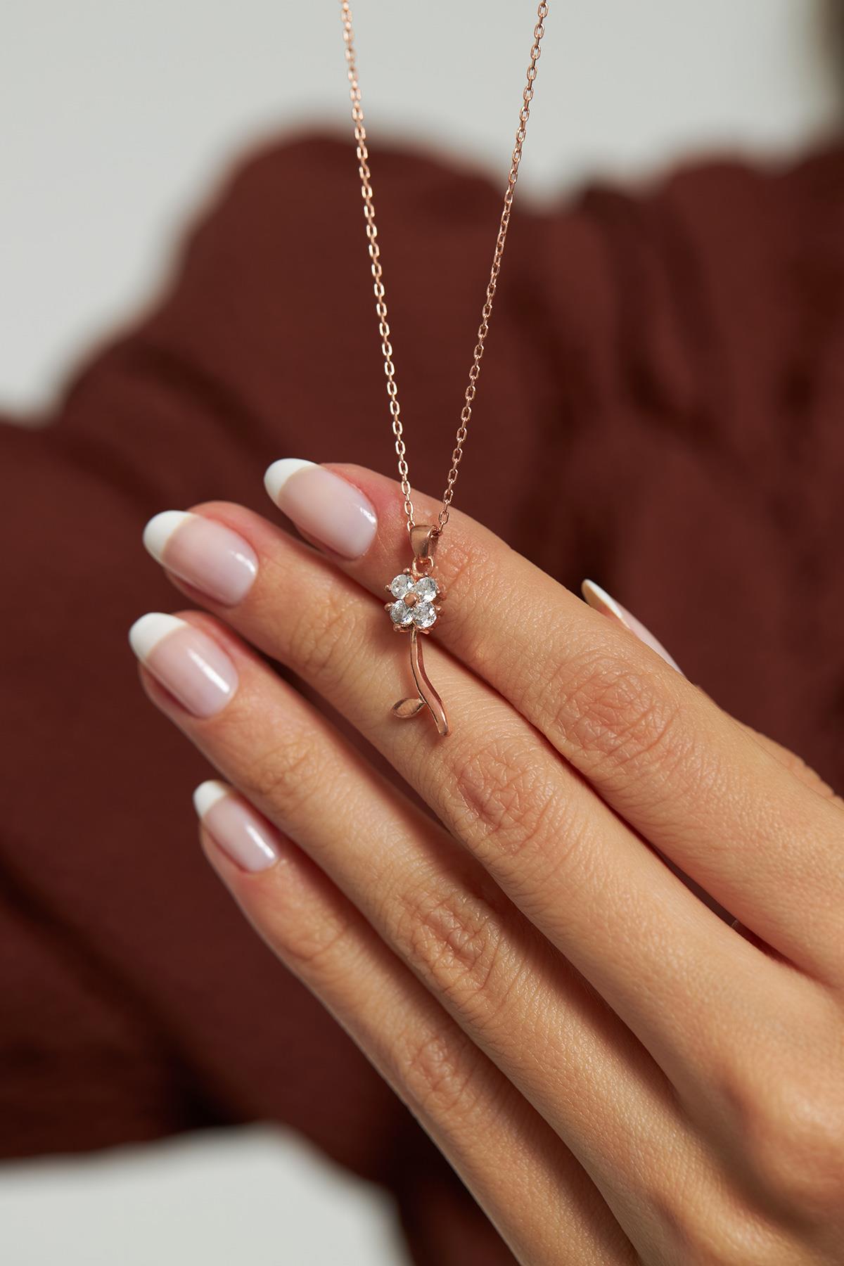 CZ Minimalist Clover Necklace Rose Gold Plated Silver