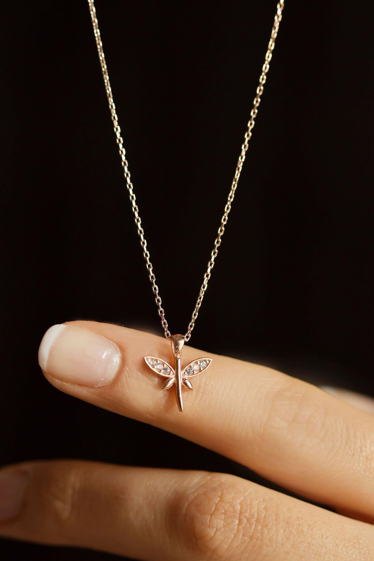 CZ Minimalist Dragonfly Necklace Rose Gold Plated Silver