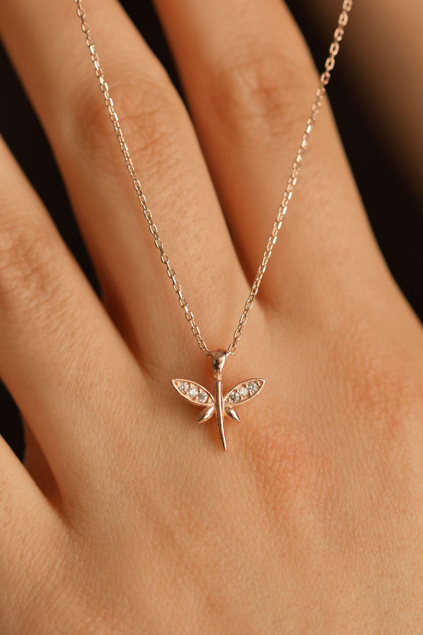Rose Minimal Dragonfly Silver Necklace with Zircon Stones