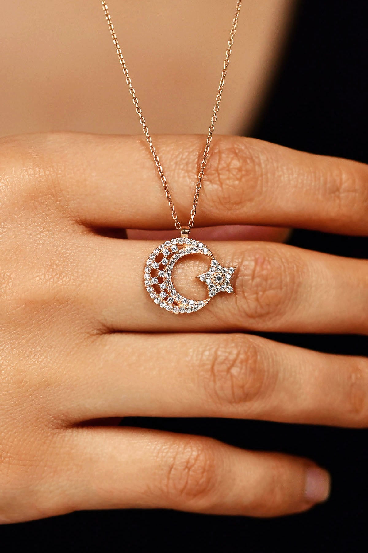Rose Gold Crescent Moon & Star Halo Necklace | 925 Silver