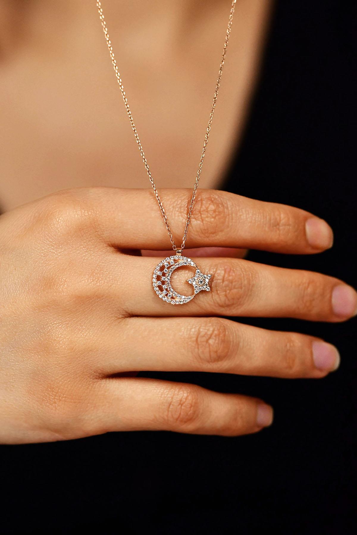 CZ Mounted Moon Star Necklace Rose Gold Plated Silver