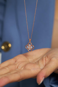Rose Gold Plated Sterling Silver Clover Necklace with Zircon Stones
