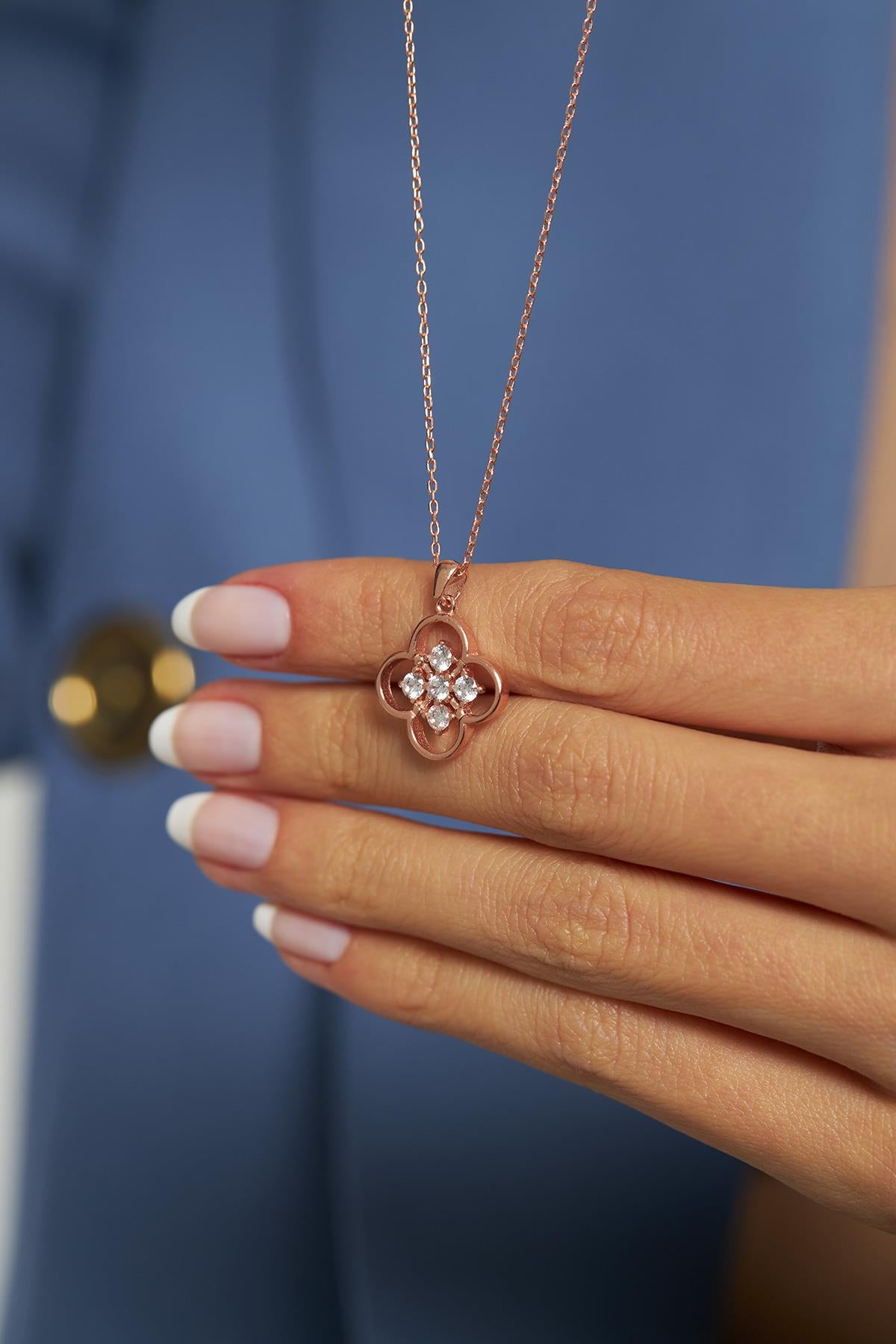 Rose Gold Plated Sterling Silver Clover Necklace with Zircon Stones