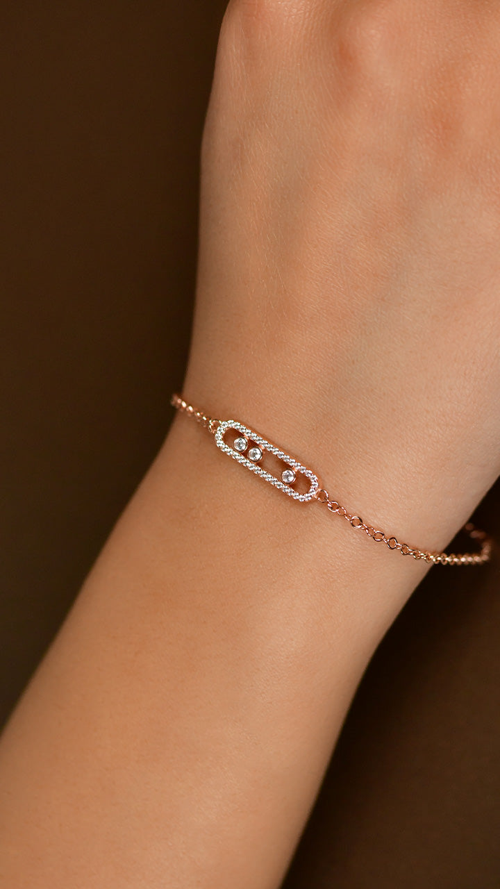 Bracelet à maillons en argent 925, motif ovale station or rose et zircon